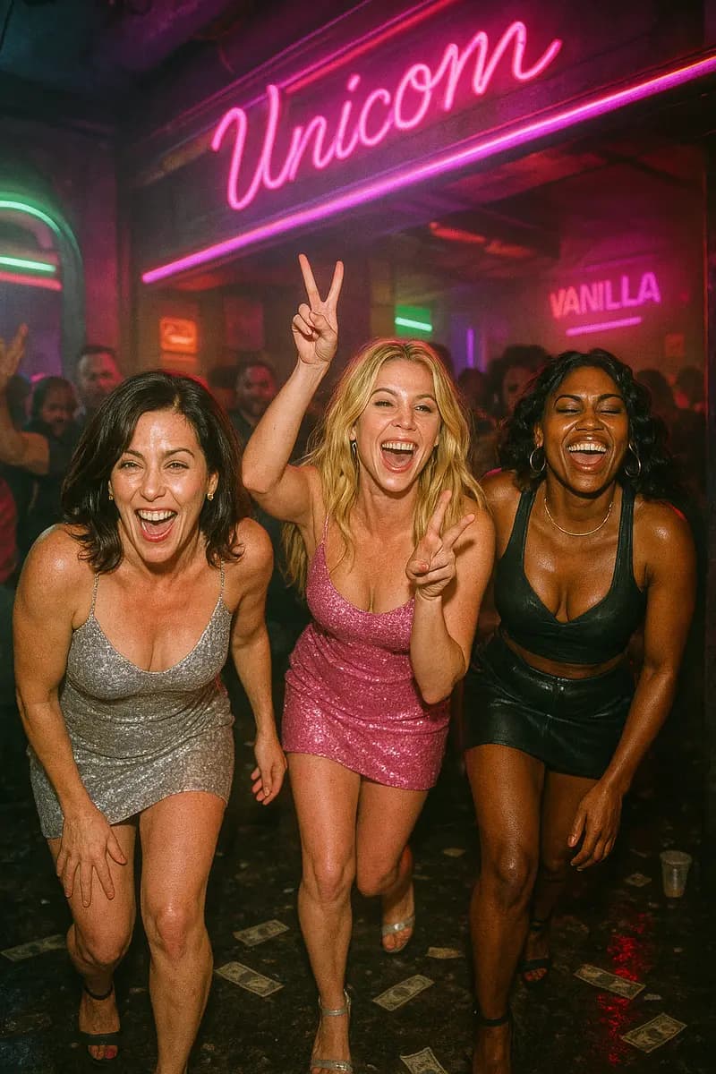 Three women cheering in a neon-lit club