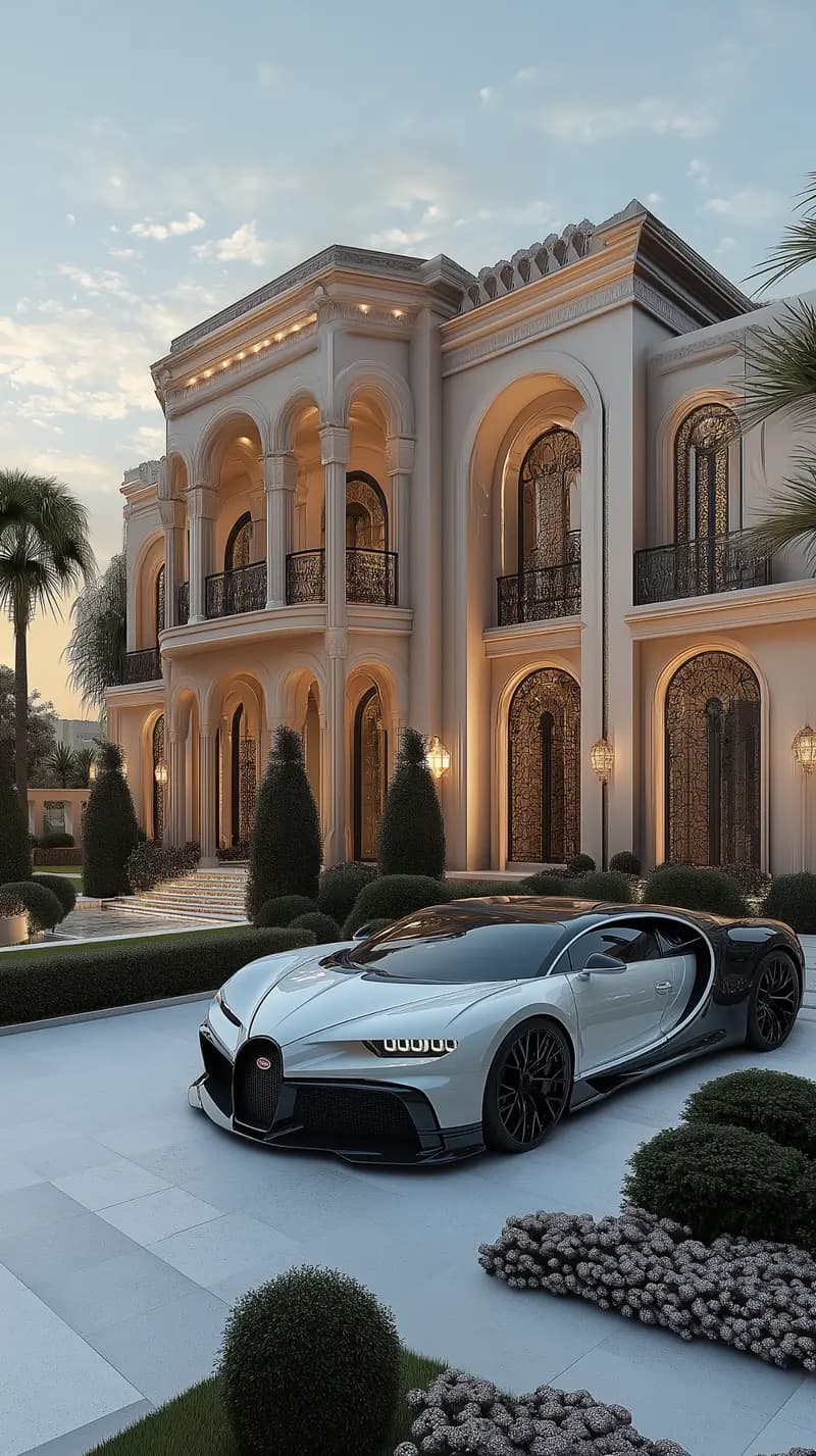 Luxury mansion with a white sports car out front