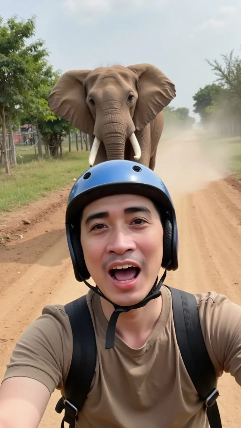 Man with an elephant behind him on a dirt road