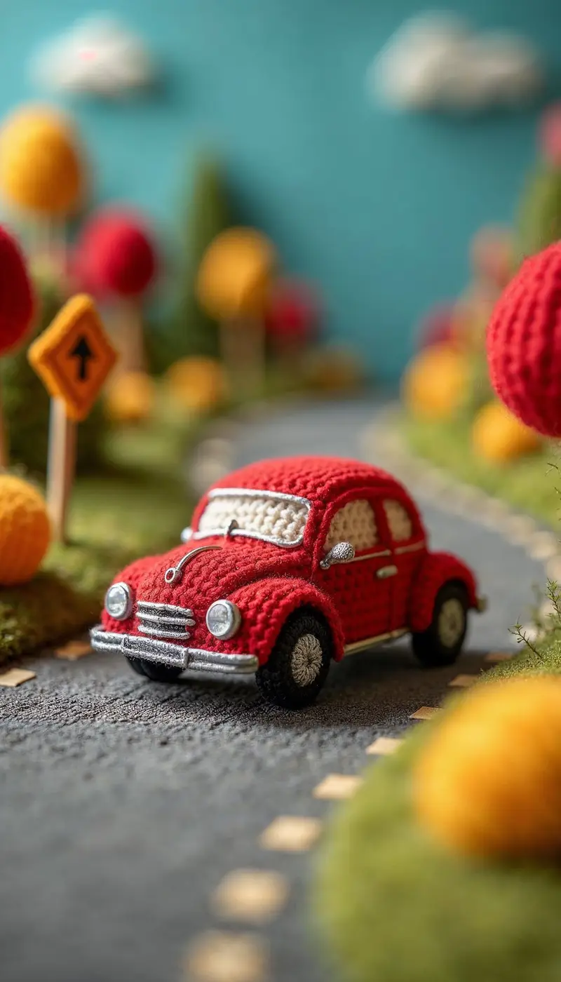 Crocheted red car on a miniature road