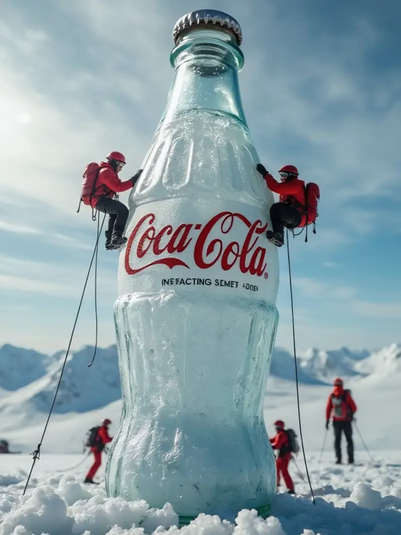 Coca-Cola bottle with climbers on ice