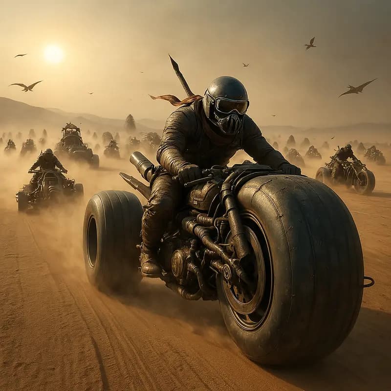 Riders on giant-tired motorbikes in a desert
