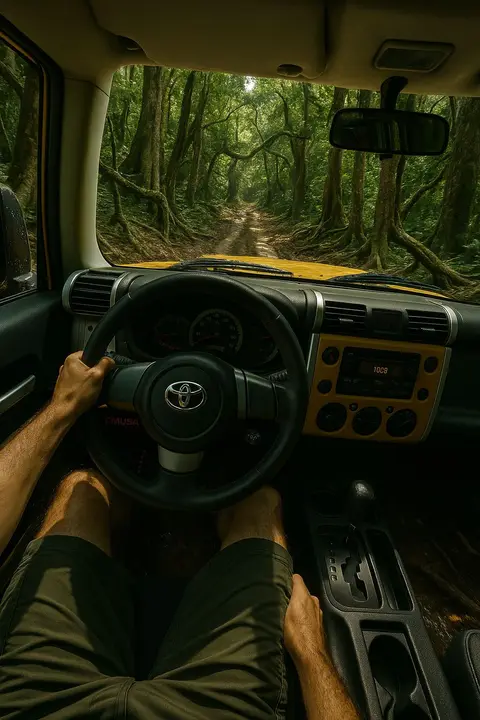 Driver's view of a jungle road from a jeep
