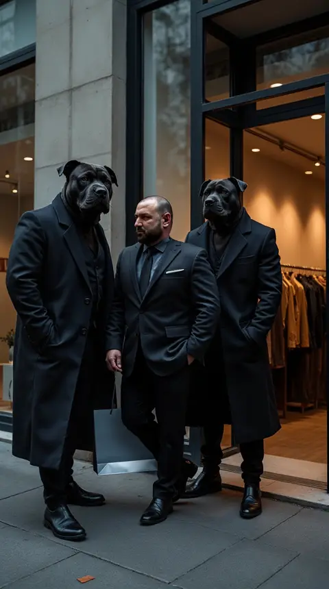 Men in black coats with dog heads