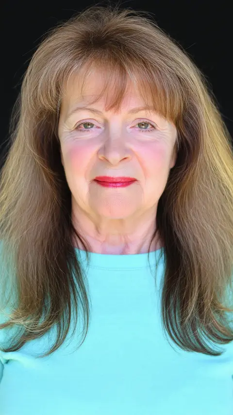 Older woman with long hair in a turquoise top
