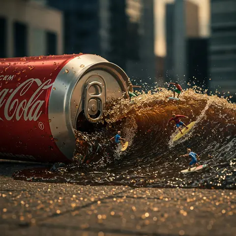 Cola can spilling a wave with tiny surfers