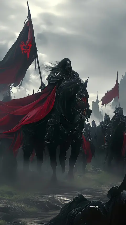 Rider with a red banner in a misty field