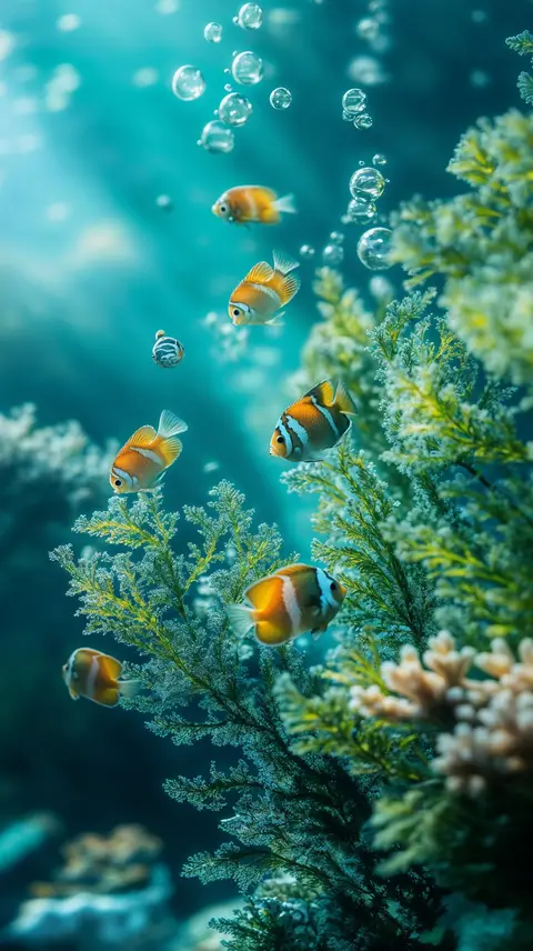 Colorful fish among coral in turquoise water