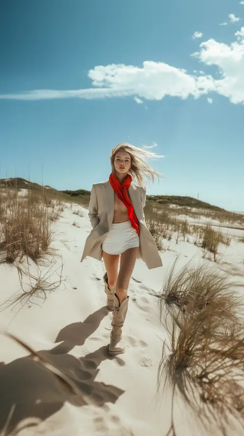 Woman in a red scarf on sand dunes
