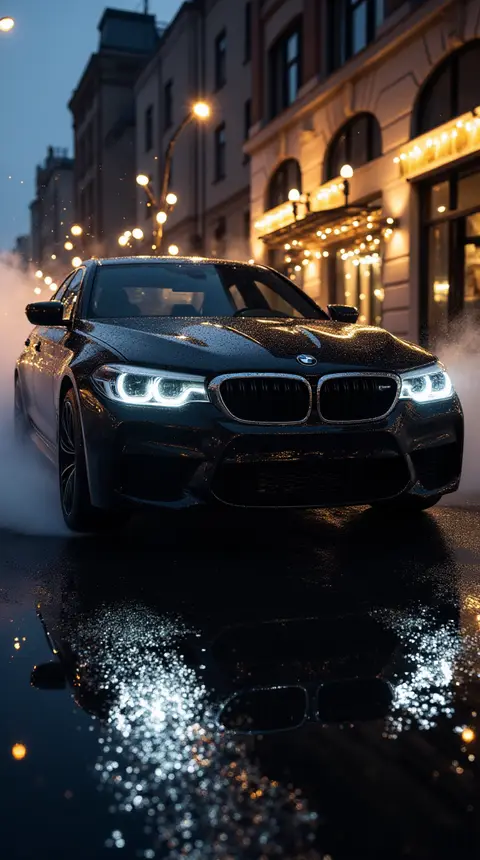 Black BMW sedan on a wet street at night