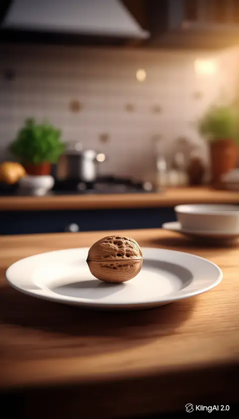 Walnut on a white plate on a wooden table