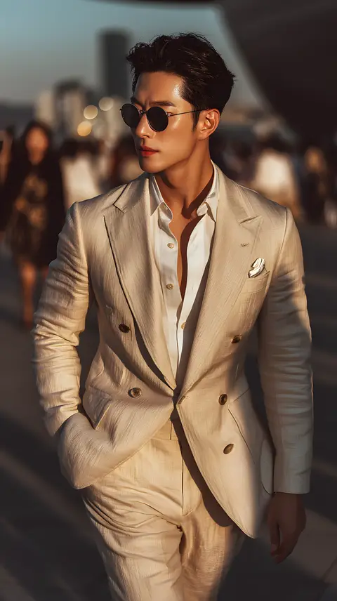 Man in a cream suit and sunglasses on a street