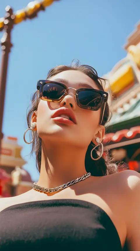 Woman in sunglasses and hoop earrings