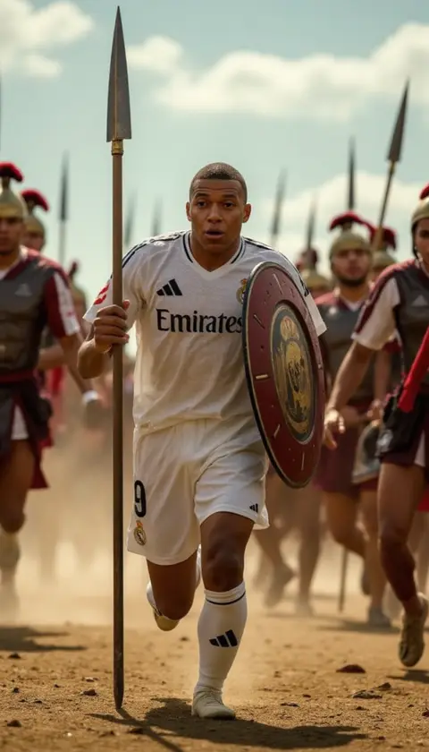 Footballer holding a spear among running soldiers