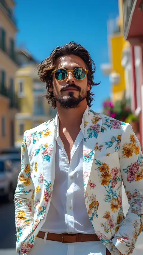 Man in a floral blazer on a sunny street
