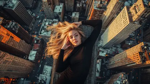 Woman lying above a city of skyscrapers